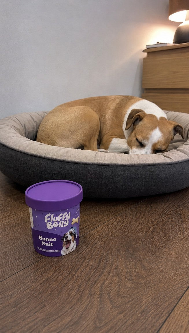 Un chien endormi dans son panier à côté du pot Bonne Nuit Fluffy Belly
