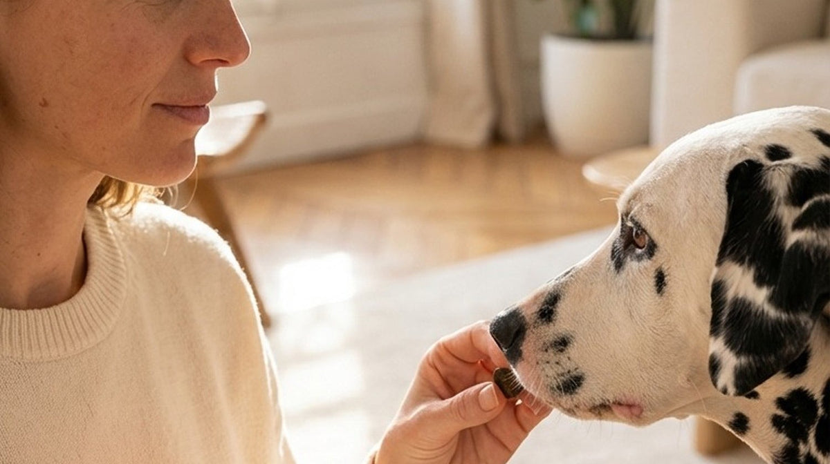 Une femme donne un biscuit à son dalmatien