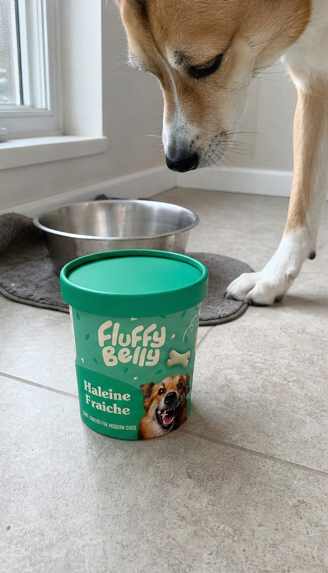 Un chien sent le pot Haleine Fraîche Fluffy Belly à côté de sa gamelle