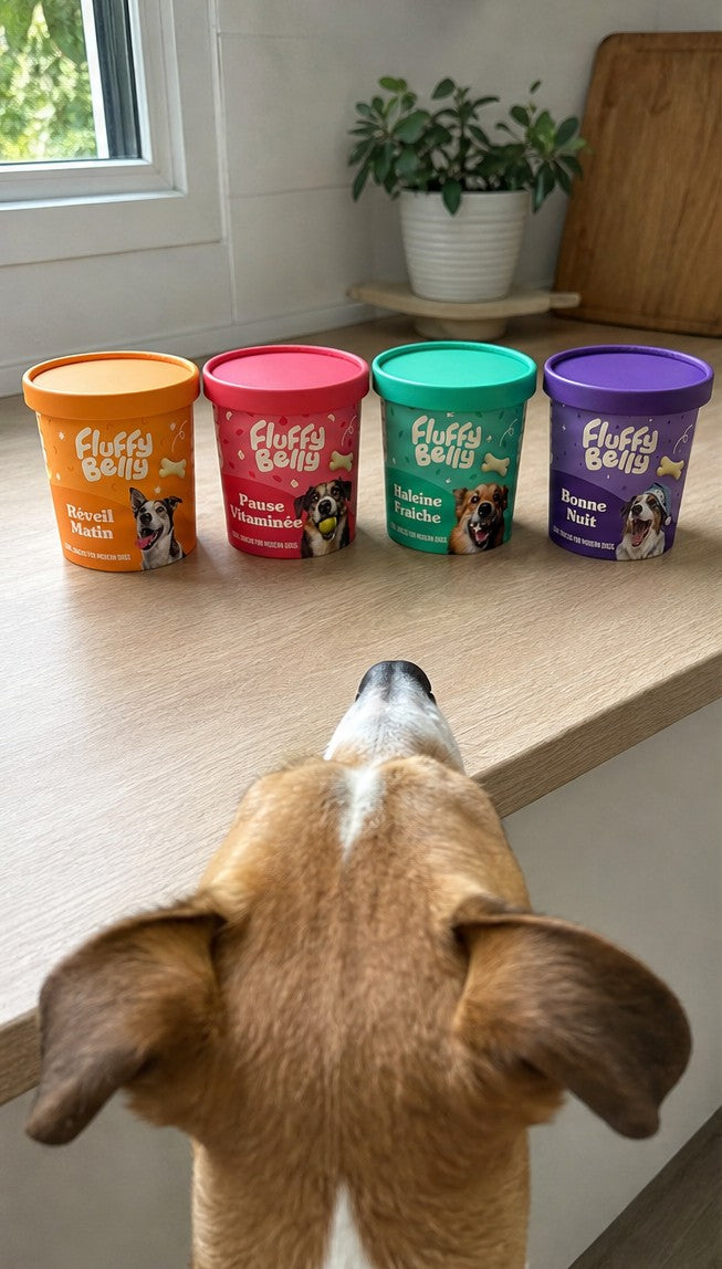 Les quatre pots Fluffy Belly alignés sur un plan de travail, un chien les regarde